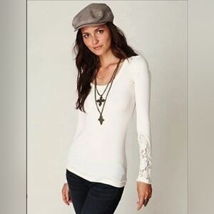 Free People Women’s Crafty Cuff Thermal Embroidered Top Shirt White Size S